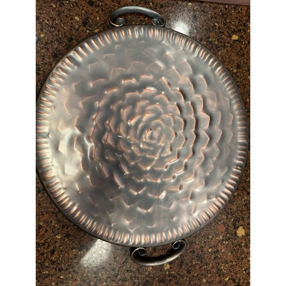 Vintage Gregorian Copper Hammered Rose Tray Scroll Handles Mid Century USA